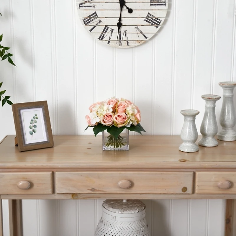 Roses and Hydrangeas Arrangement in Square Vase