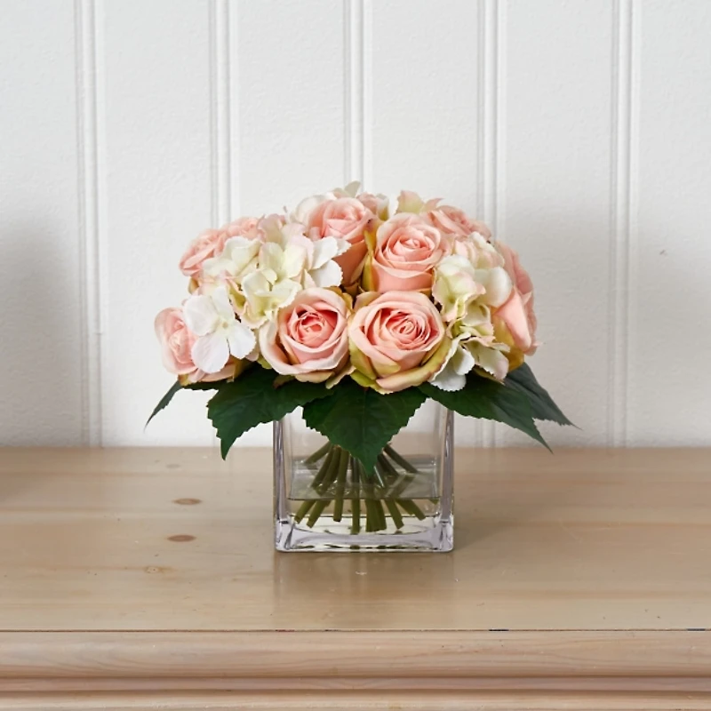 Roses and Hydrangeas Arrangement in Square Vase