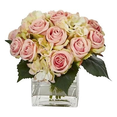Roses and Hydrangeas Arrangement in Square Vase
