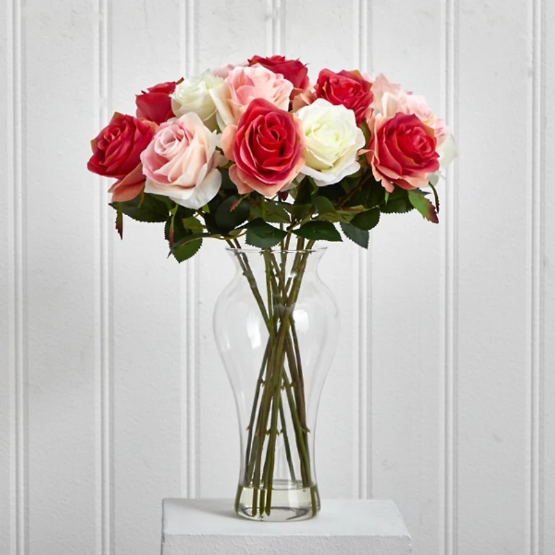 Multi Pink Roses Arrangement in Glass Bouquet Vase