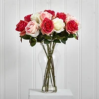 Multi Pink Roses Arrangement in Glass Bouquet Vase