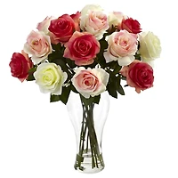 Multi Pink Roses Arrangement in Glass Bouquet Vase