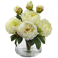 White Peonies and Roses Arrangement in Glass Vase
