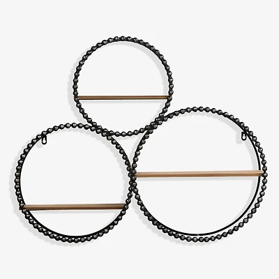 Black Beaded Metal and Wood 3-Tier Wall Shelf