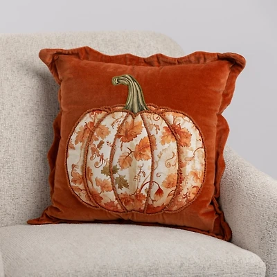 Leaf Pattern Pumpkin Velvet Pillow
