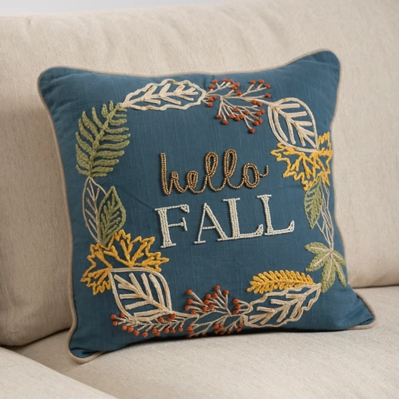 Blue Hello Fall Beaded Pillow