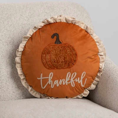 Round Thankful Pumpkin Ruffle Pillow