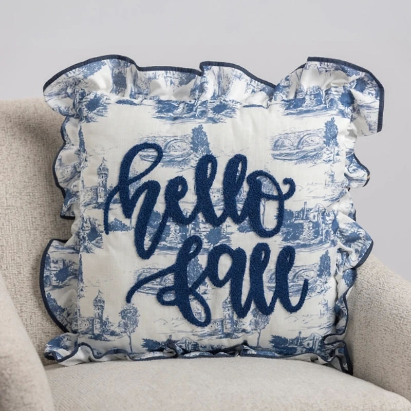 Navy Toile Hello Fall Pillow