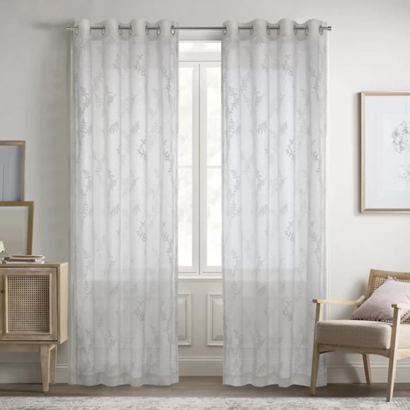 White Sheer Floral Curtain Panel, 108 in.