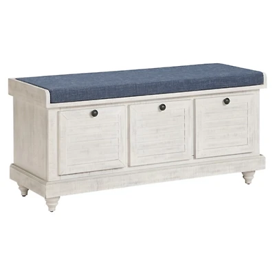 Gray Distressed Storage Bench with Navy Cushion