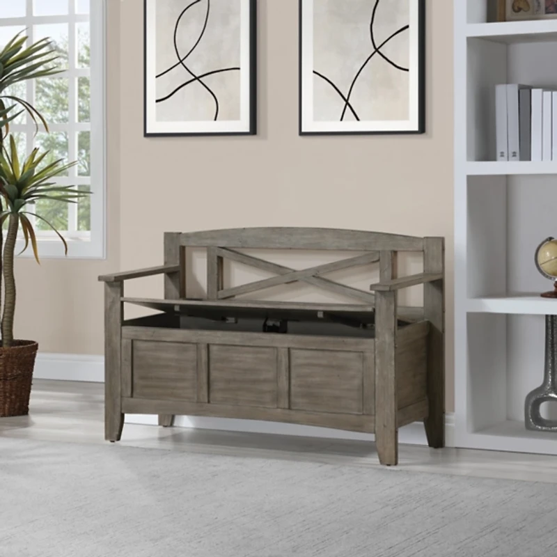 Graywash Wood Lift-Top Storage Entryway Bench