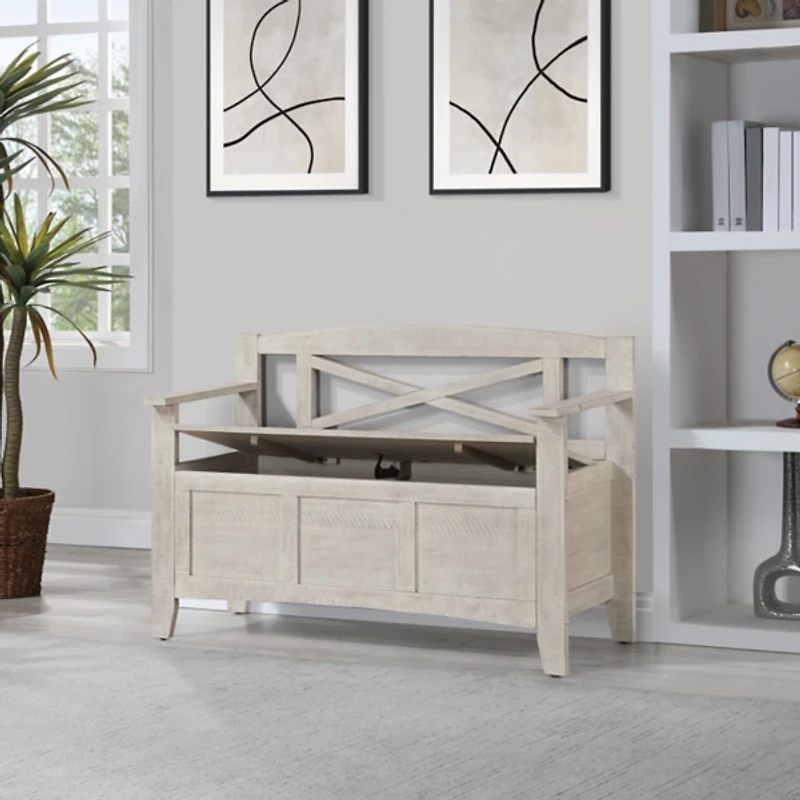 Whitewash Wood Lift-Top Storage Entryway Bench