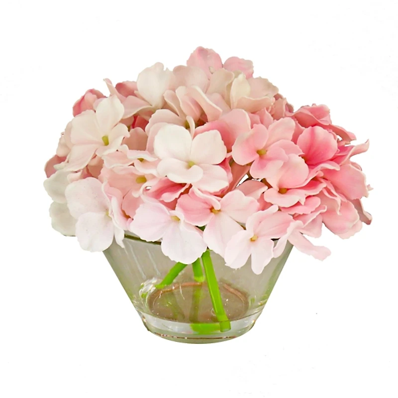 Pink Hydrangea Arrangement in Round Glass Vase