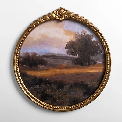 Round Whimsical Sunset Landscape Framed Art Print