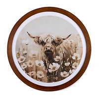 Round Highland Cow Flower Field Framed Art Print