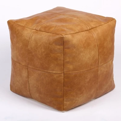 Cognac Faux Leather Square Pouf