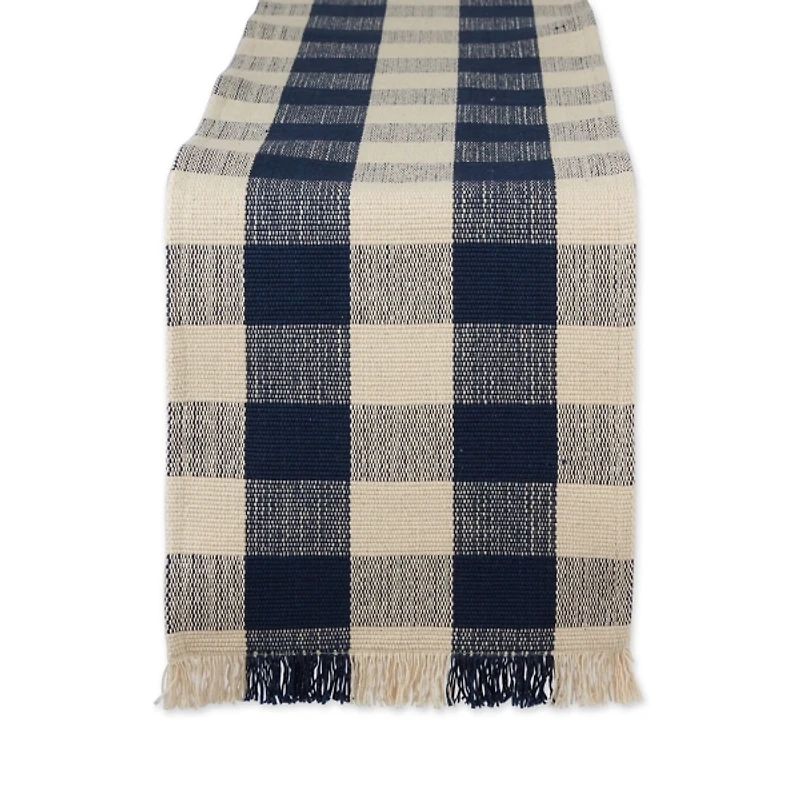 Navy Flax Checkered Fringe Table Runner