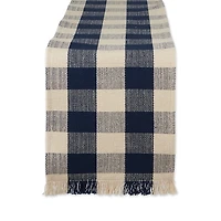 Navy Flax Checkered Fringe Table Runner