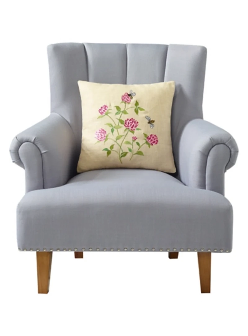 Embroidered Pink Clovers and Bees Pillow