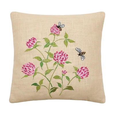 Embroidered Pink Clovers and Bees Pillow