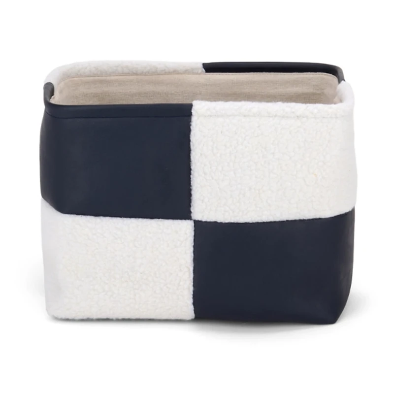 Navy Faux Leather Checker Shearling Bin