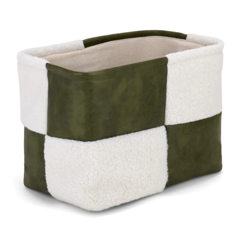 Olive Faux Leather Checker Shearling Bin