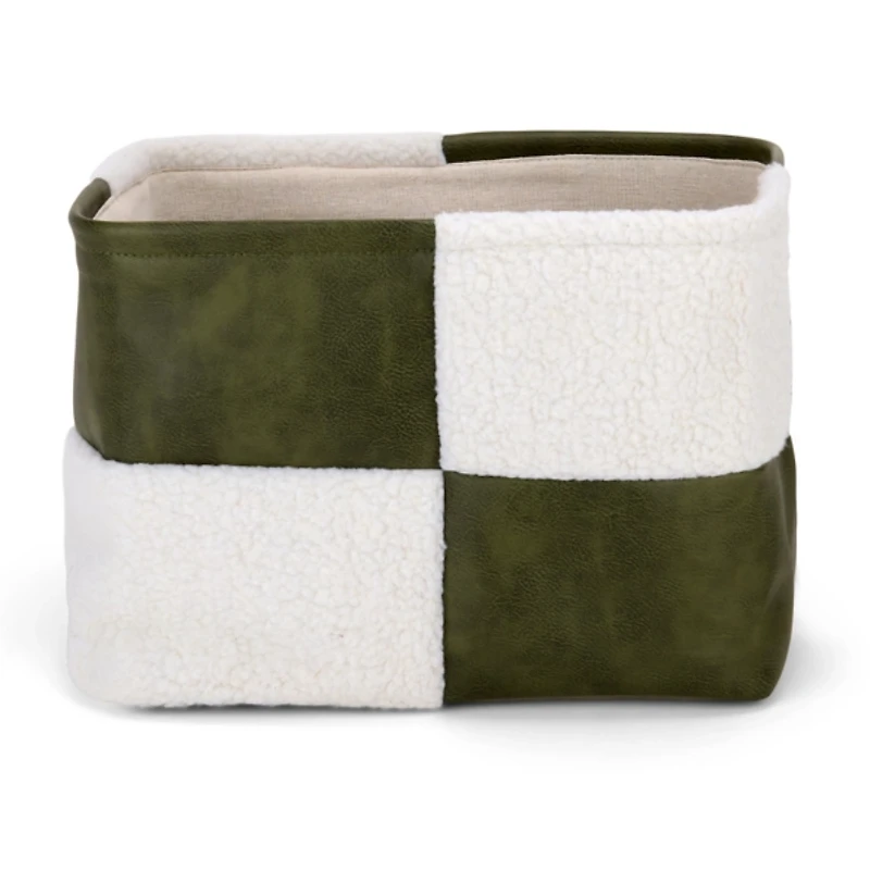 Olive Faux Leather Checker Shearling Bin