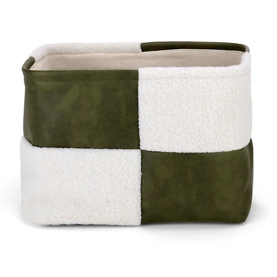 Olive Faux Leather Checker Shearling Bin