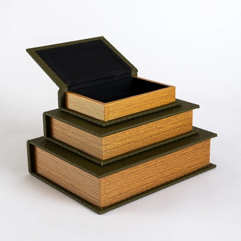 Green Woven Faux Leather Book Boxes, Set of 3