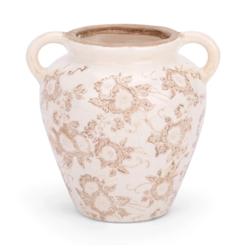 Cream and Beige Floral Ceramic Vase, 6.7 in.