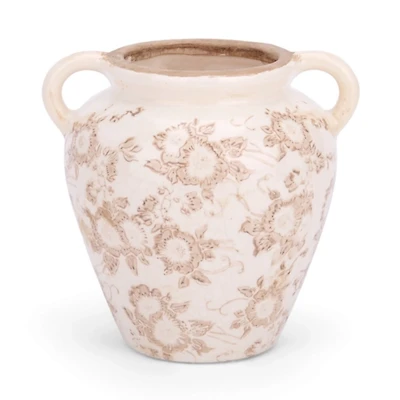 Cream and Beige Floral Ceramic Vase, 6.7 in.