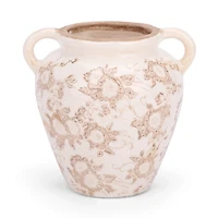 Cream and Beige Floral Ceramic Vase, 6.7 in.