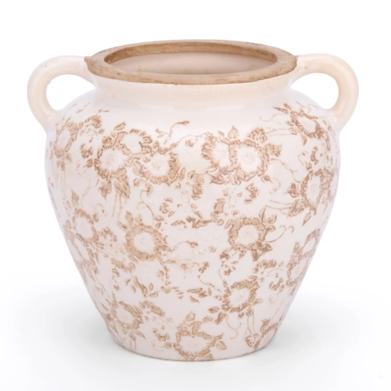 Cream and Beige Floral Ceramic Vase