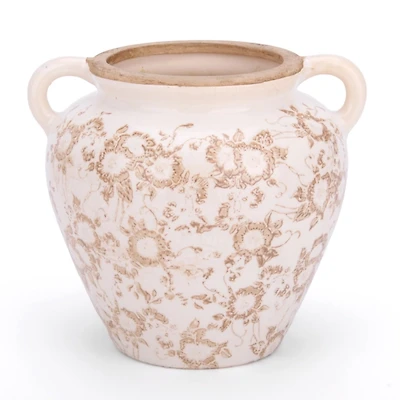 Cream and Beige Floral Ceramic Vase