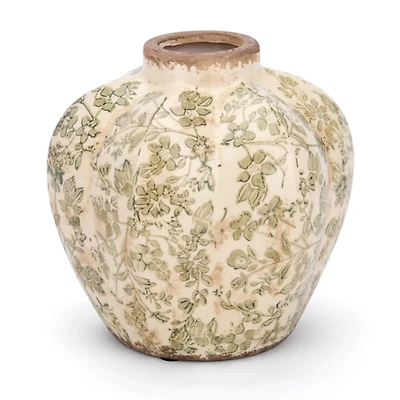 Green Floral Vintage Ceramic Vase, 6.5 in.