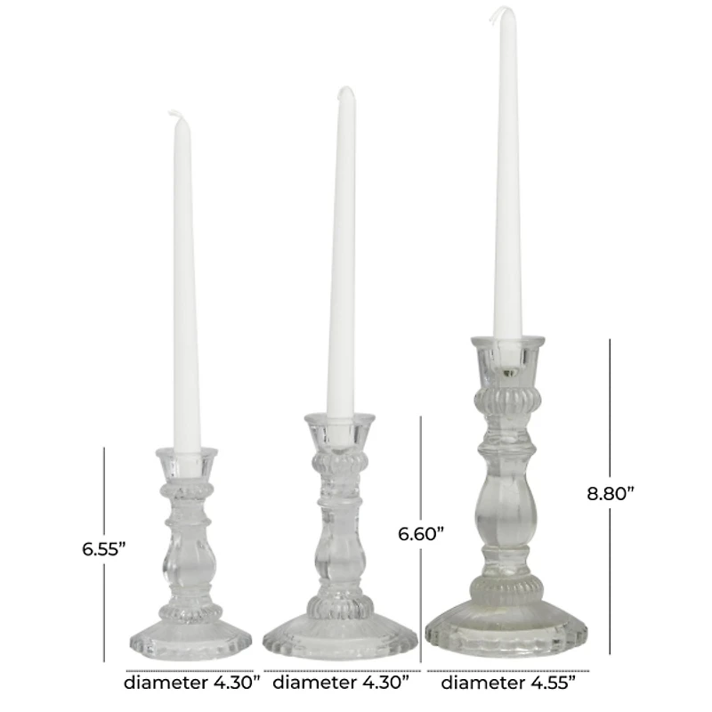 Clear Glass Spindle Taper Candle Holders, Set of 3