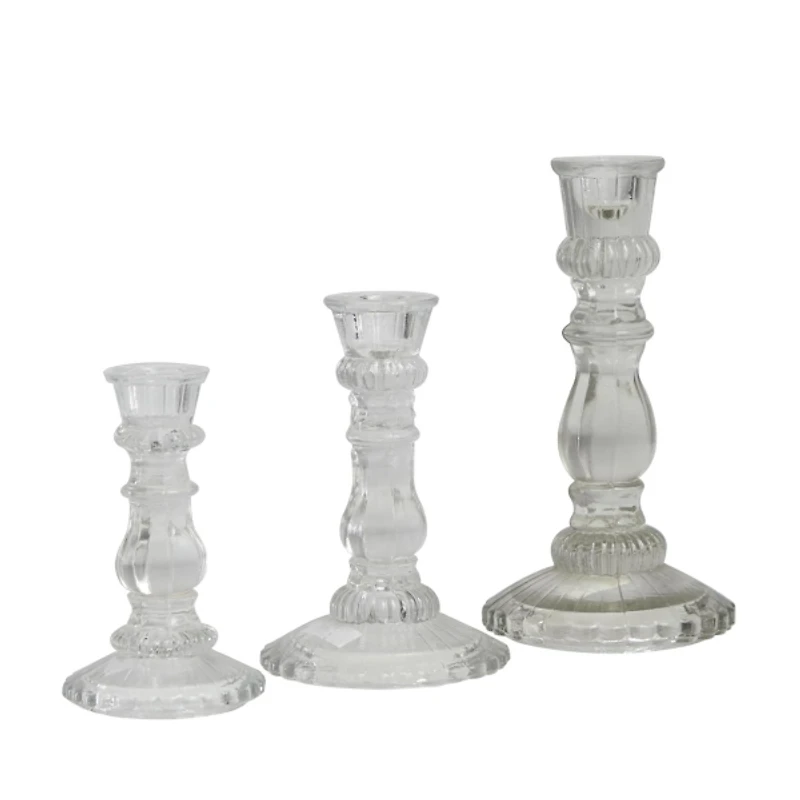 Clear Glass Spindle Taper Candle Holders, Set of 3