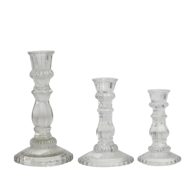 Clear Glass Spindle Taper Candle Holders, Set of 3