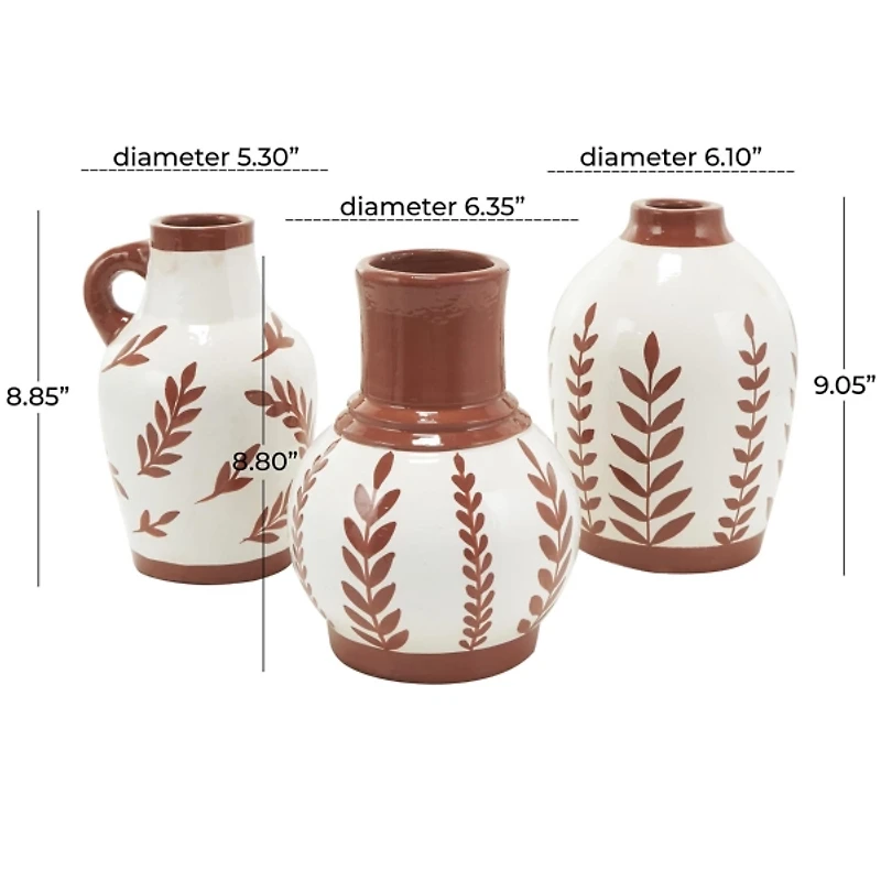 Terracotta Leaves Ceramic Vases, Set of 3