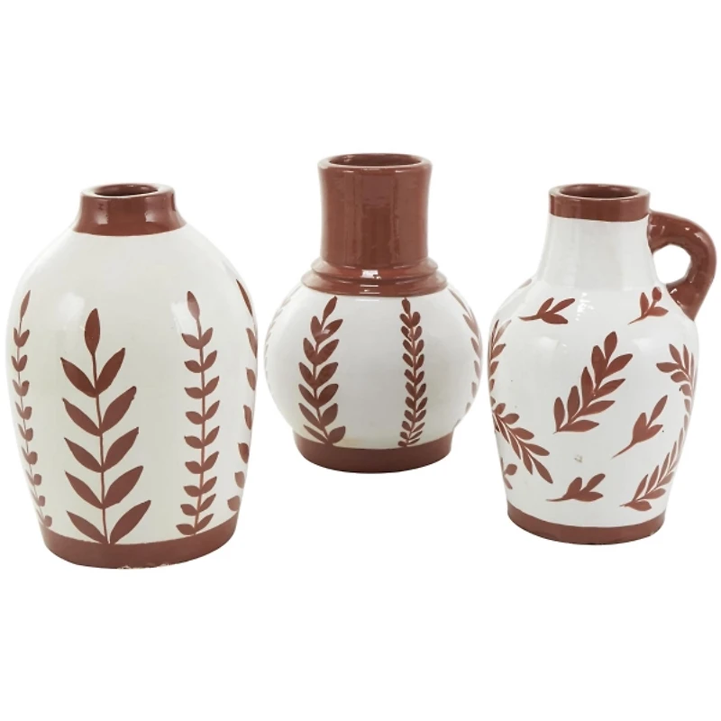 Terracotta Leaves Ceramic Vases, Set of 3