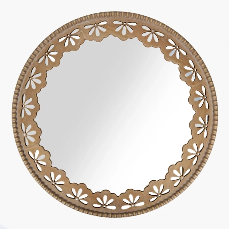 Round Natural Wood Carved Floral Wall Mirror