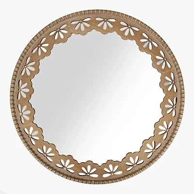 Round Natural Wood Carved Floral Wall Mirror