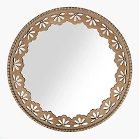 Round Natural Wood Carved Floral Wall Mirror