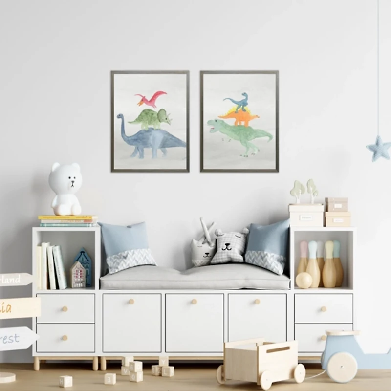 Blue, Green, & Red Dino Stack Framed Art Print