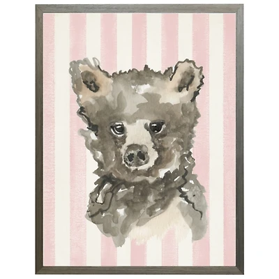 Baby Bear on Pink Stripes Kids Framed Art Print