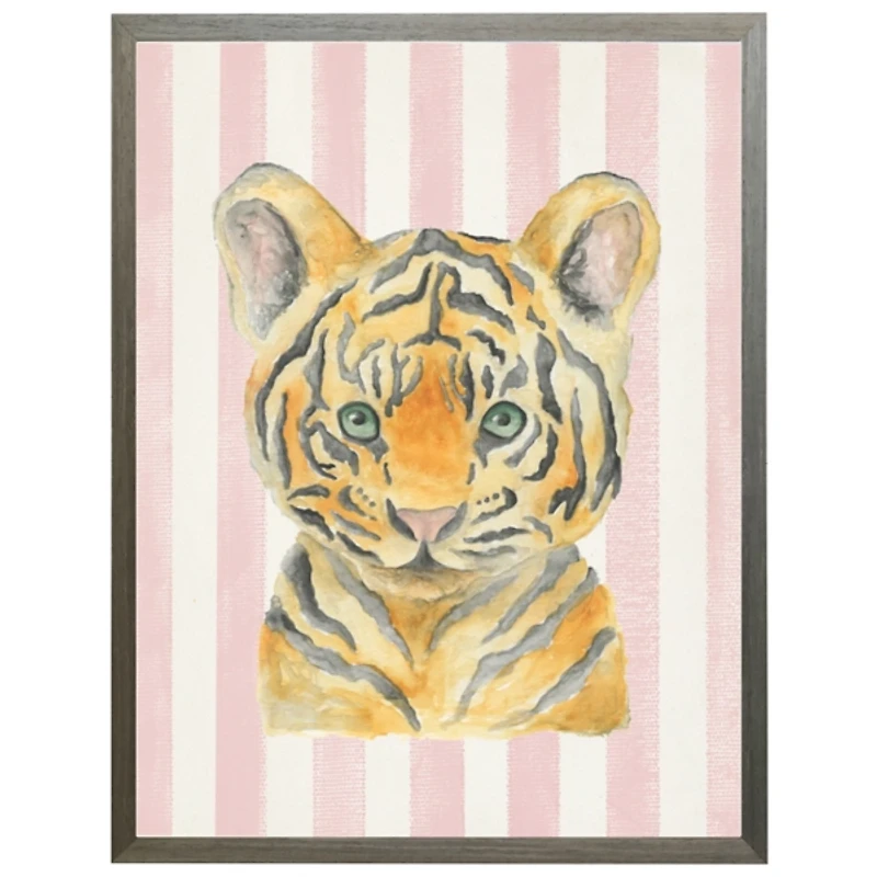 Tiger on Pink Stripes Kids Framed Art Print