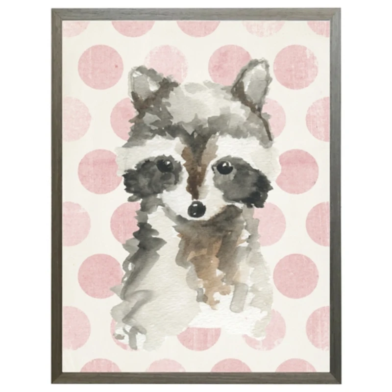 Racoon on Pink Polka Dots Framed Art Print