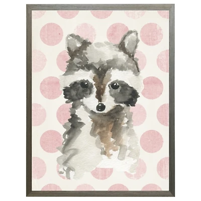 Racoon on Pink Polka Dots Framed Art Print