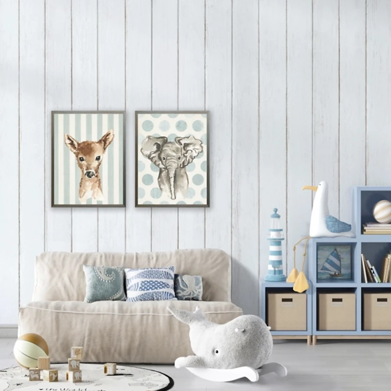 Elephant on Blue Polka Dots Kids Framed Art Print