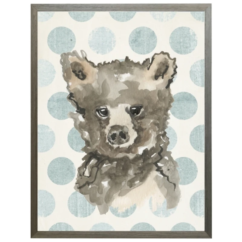 Baby Bear on Blue Polka Dots Kids Framed Art Print